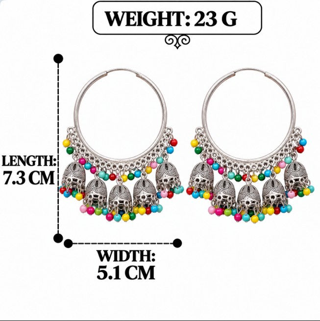 OXIDISED SILVER MULTICOLOR BEADED HOOP JHUMKI EARRINGS