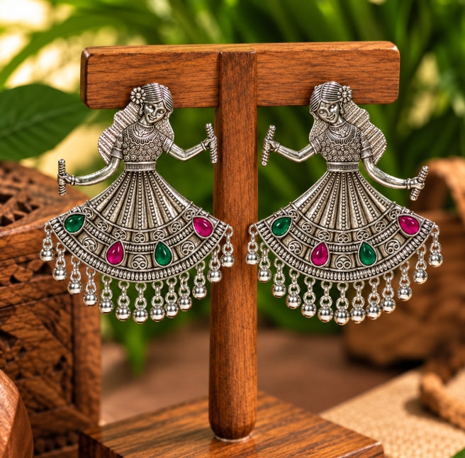BIG GARBA DANCING GIRL OXIDISED SILVER TRADITIONAL EARRINGS
