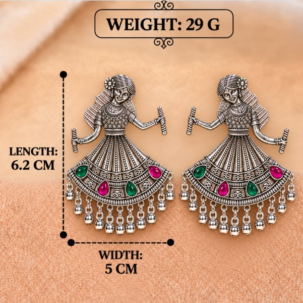 BIG GARBA DANCING GIRL OXIDISED SILVER TRADITIONAL EARRINGS