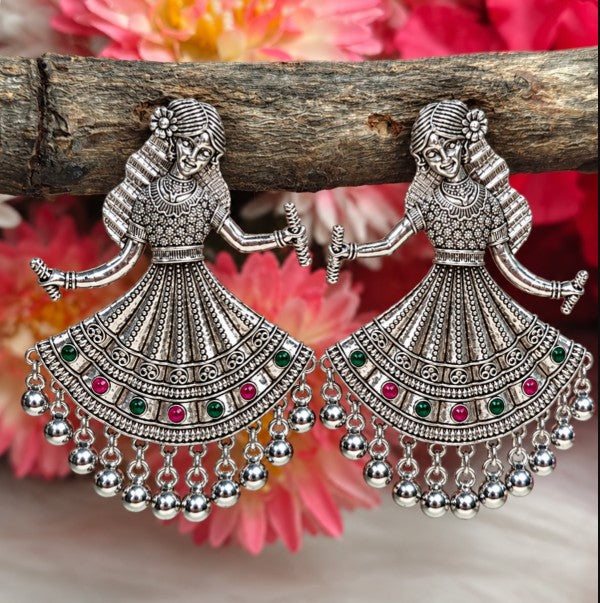 BIG GARBA DANCING GIRL OXIDISED SILVER TRADITIONAL EARRINGS