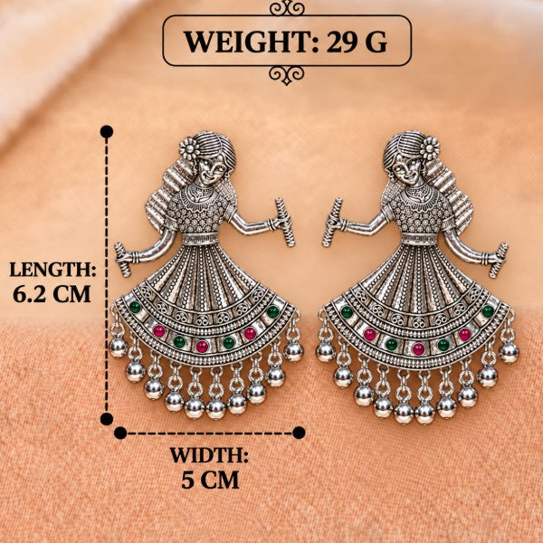 BIG GARBA DANCING GIRL OXIDISED SILVER TRADITIONAL EARRINGS