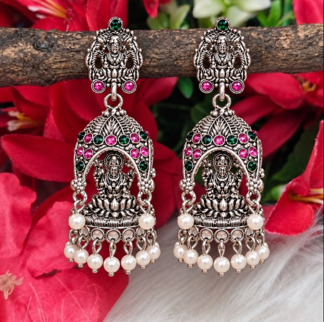 OXIDISED SILVER GODDESS LAKSHMI TEMPLE JHUMKA EARRINGS
