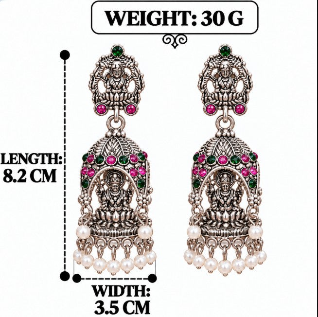 OXIDISED SILVER GODDESS LAKSHMI TEMPLE JHUMKA EARRINGS