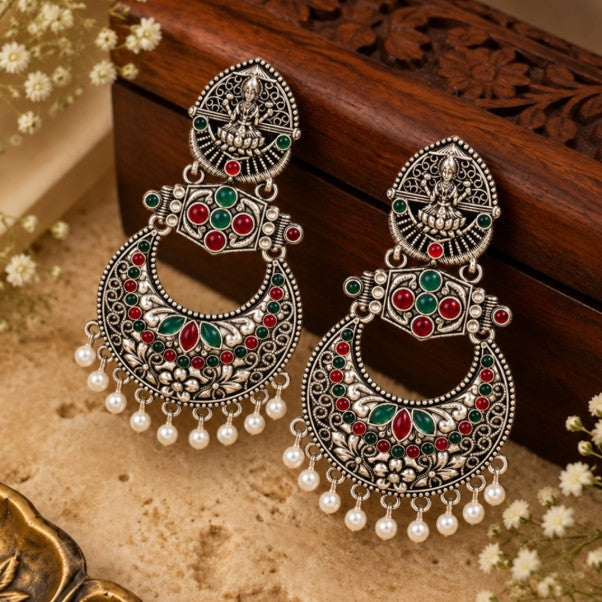 OXIDISED SILVER LAKSHMI DEVI TEMPLE CHANDBALI EARRINGS