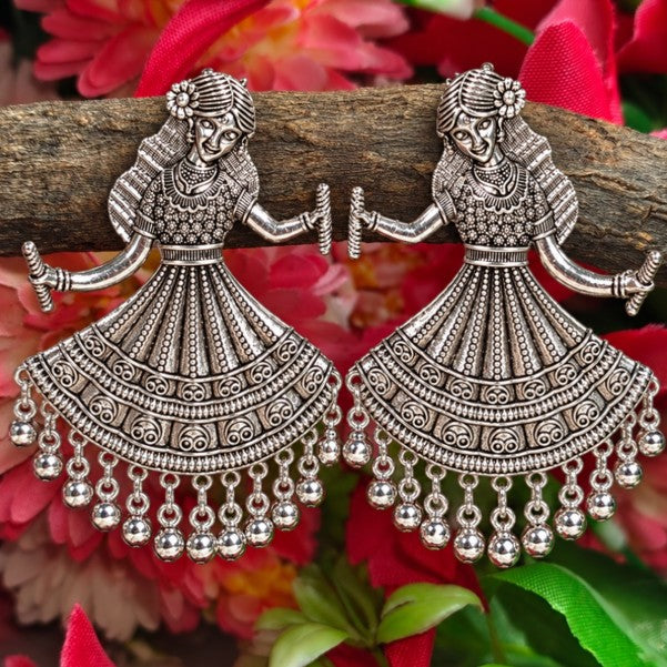 BIG GARBA DANCING GIRL OXIDISED SILVER TRADITIONAL EARRINGS