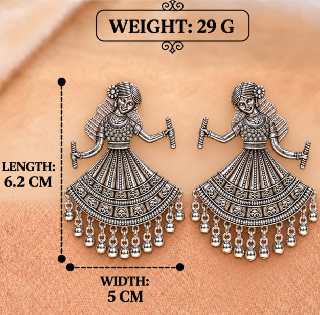 BIG GARBA DANCING GIRL OXIDISED SILVER TRADITIONAL EARRINGS