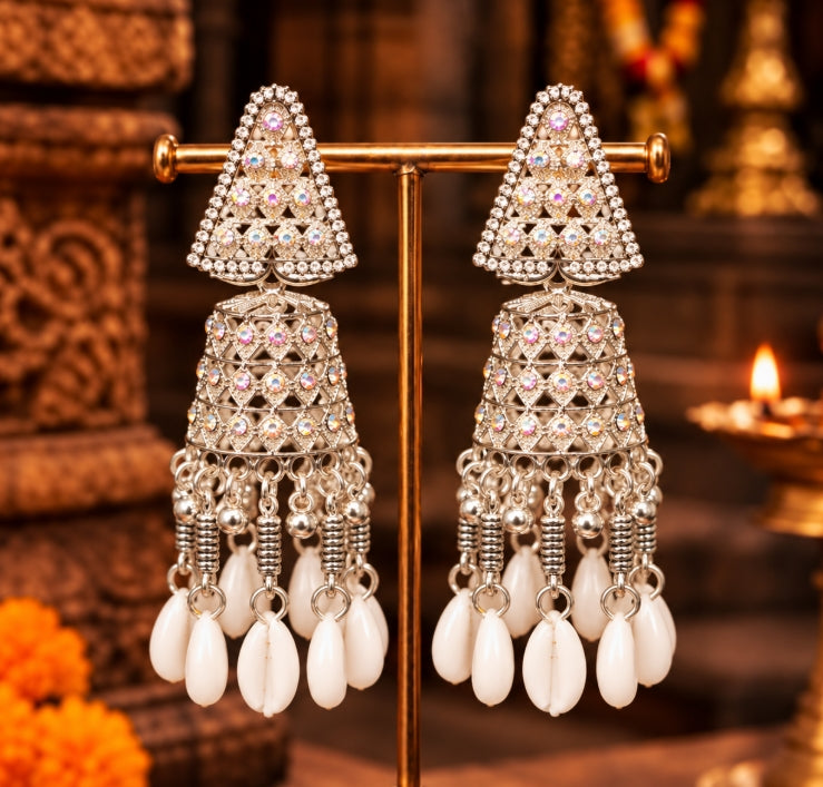SILVER PLATED WHITE BEADED JHUMKA EARRINGS