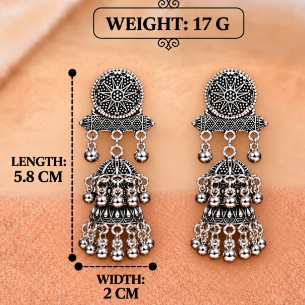 OXIDISED SILVER TWO-TIER JHUMKA EARRINGS WITH GHUNGROO BEADS
