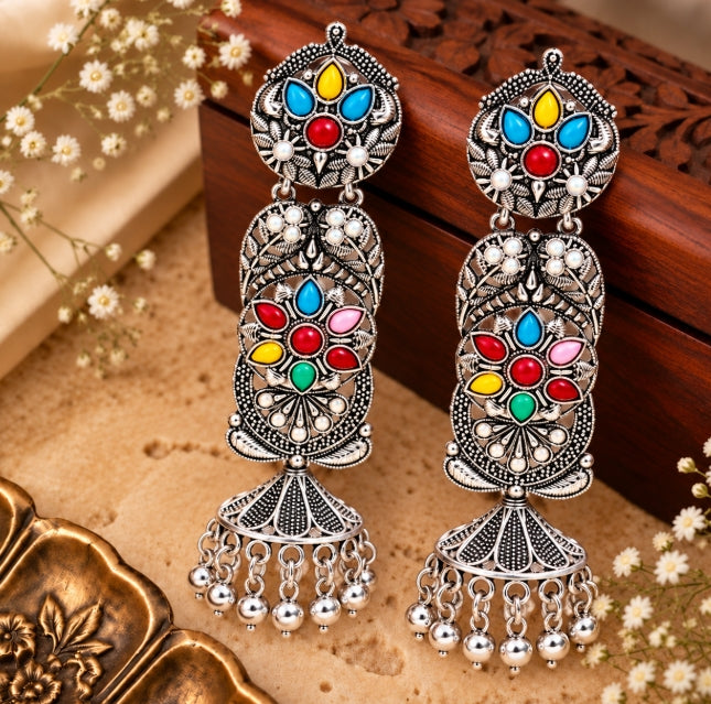 LONG OXIDISED SILVER MULTICOLOR BEADS FLORAL JHUMKA EARRINGS