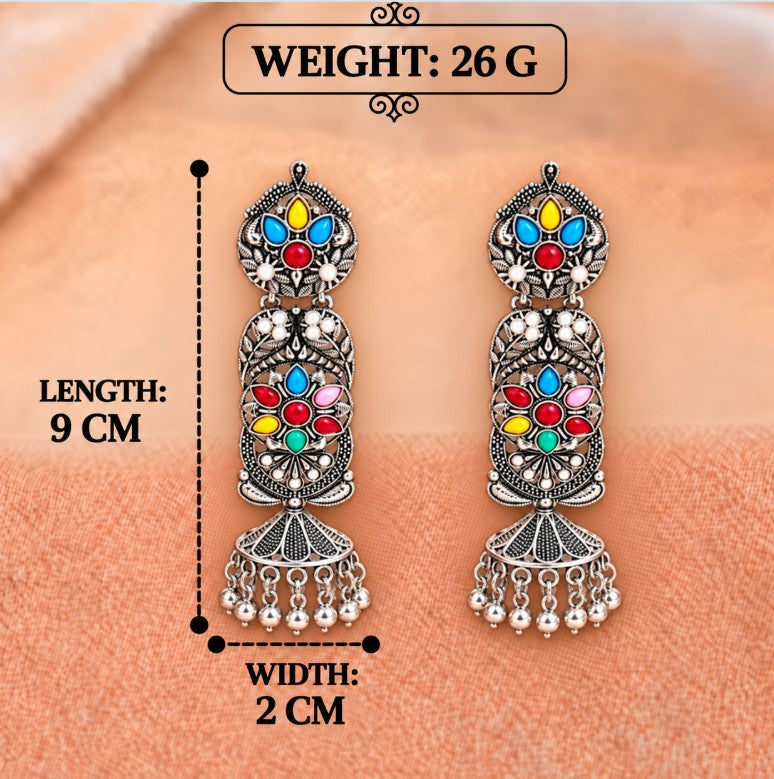 LONG OXIDISED SILVER MULTICOLOR BEADS FLORAL JHUMKA EARRINGS