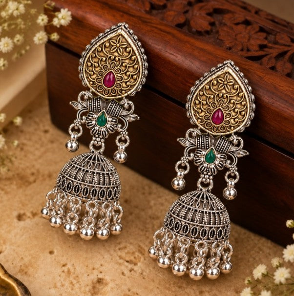 DUAL TONE OXIDISED SILVER FLORAL JHUMKA EARRINGS