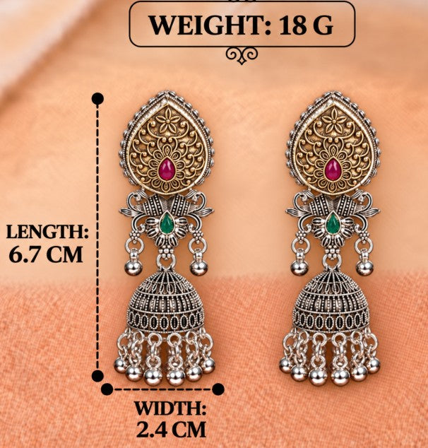 DUAL TONE OXIDISED SILVER FLORAL JHUMKA EARRINGS