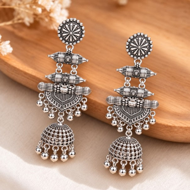 OXIDISED SILVER MULTI-TIERED JHUMKA EARRINGS