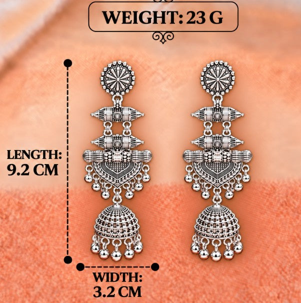 OXIDISED SILVER MULTI-TIERED JHUMKA EARRINGS