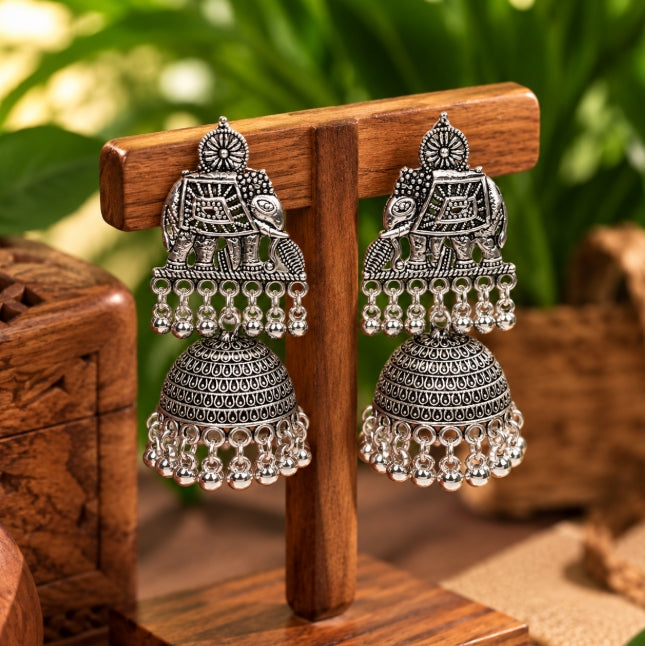 ELEPHANT OXIDISED SILVER JHUMKA EARRINGS WITH GHUNGROO BEADS