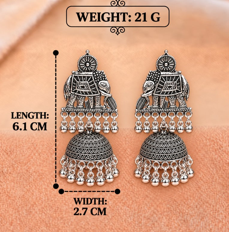 ELEPHANT OXIDISED SILVER JHUMKA EARRINGS WITH GHUNGROO BEADS