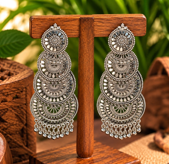 OXIDISED SILVER LONG BIG MULTI-TIERED CRESCENT DROP EARRINGS