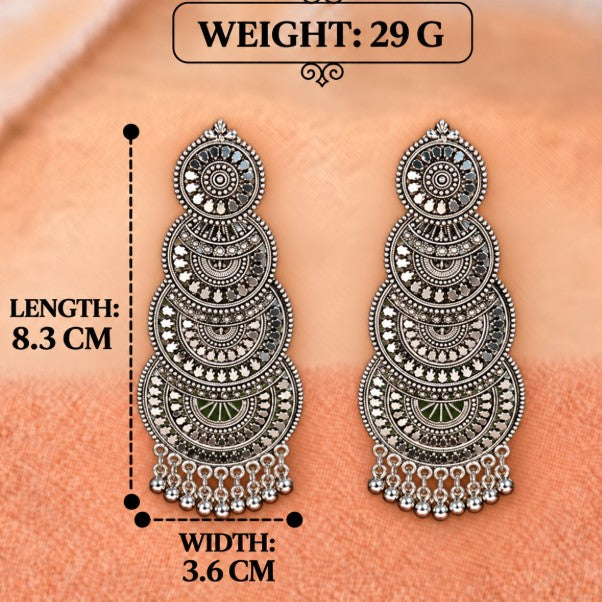 OXIDISED SILVER LONG BIG MULTI-TIERED CRESCENT DROP EARRINGS