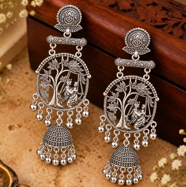 OXIDISED SILVER LONG RADHA KRISHNA JHUMKA EARRINGS WITH GHUNGROO BEADS