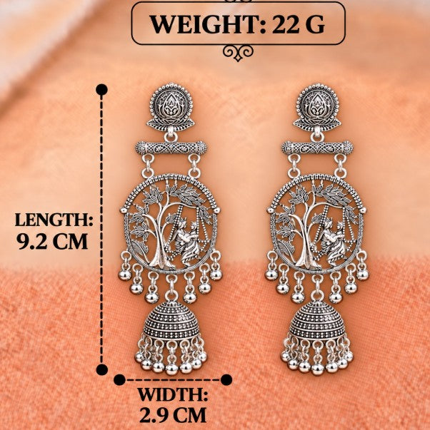 OXIDISED SILVER LONG RADHA KRISHNA JHUMKA EARRINGS WITH GHUNGROO BEADS