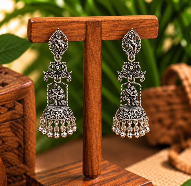 OXIDISED SILVER RADHA KRISHNA JHUMKA EARRINGS WITH GHUNGROO BEADS