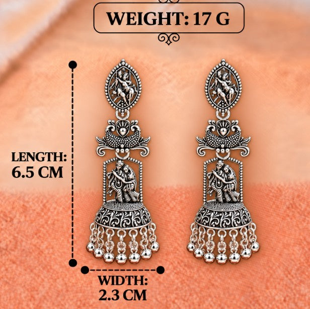 OXIDISED SILVER RADHA KRISHNA JHUMKA EARRINGS WITH GHUNGROO BEADS