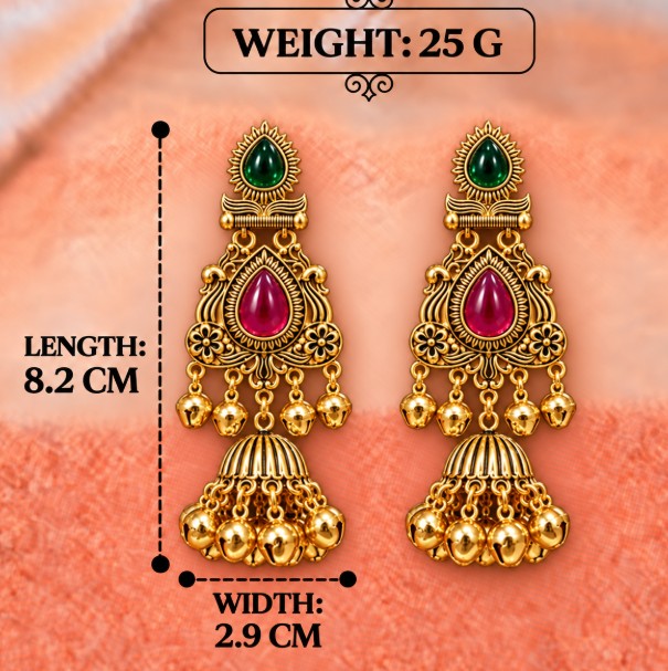 ANTIQUE GOLD LONG KASHMIRI JHUMKA EARRINGS WITH GHUNGROO BEADS
