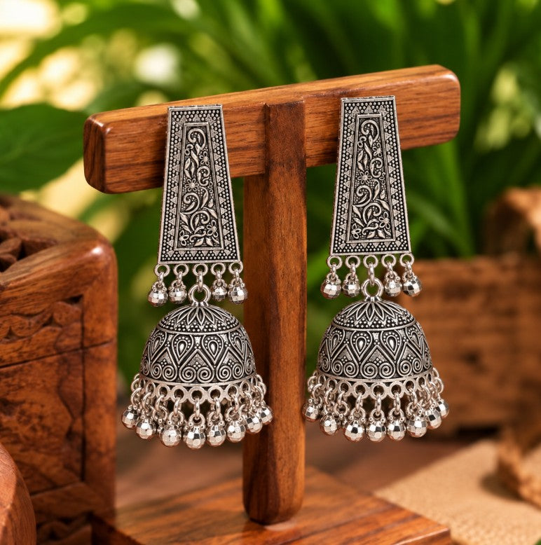 OXIDISED SILVER LONG GEOMETRIC DOME SHAPED JHUMKA EARRINGS