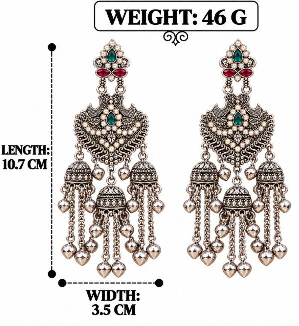 OXIDISED SILVER LONG BIG CHANDBALI JHUMKA EARRINGS WITH GHUNGROO