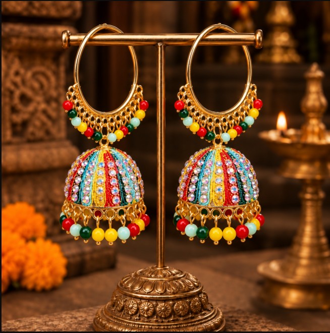 GOLD MULTICOLOR BEADED & STONE HOOP JHUMKA EARRINGS