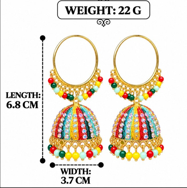 GOLD MULTICOLOR BEADED & STONE HOOP JHUMKA EARRINGS
