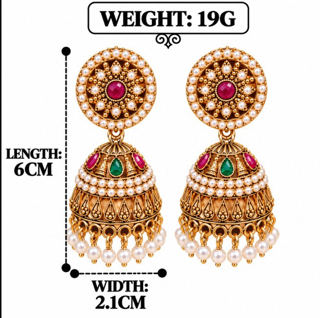 ANTIQUE GOLD PEARL RED GREEN STONES JHUMKA EARRINGS
