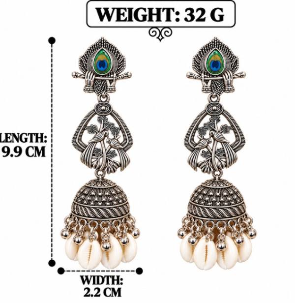 OXIDISED SILVER PEACOCK SHELL BEADED JHUMKA EARRINGS