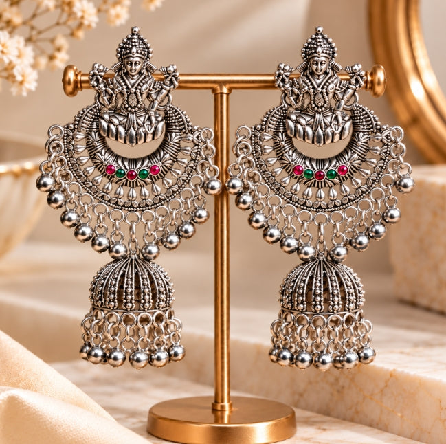 OXIDISED SILVER GODDESS LAKSHMI DEVI CHANDBALI JHUMKA EARRINGS
