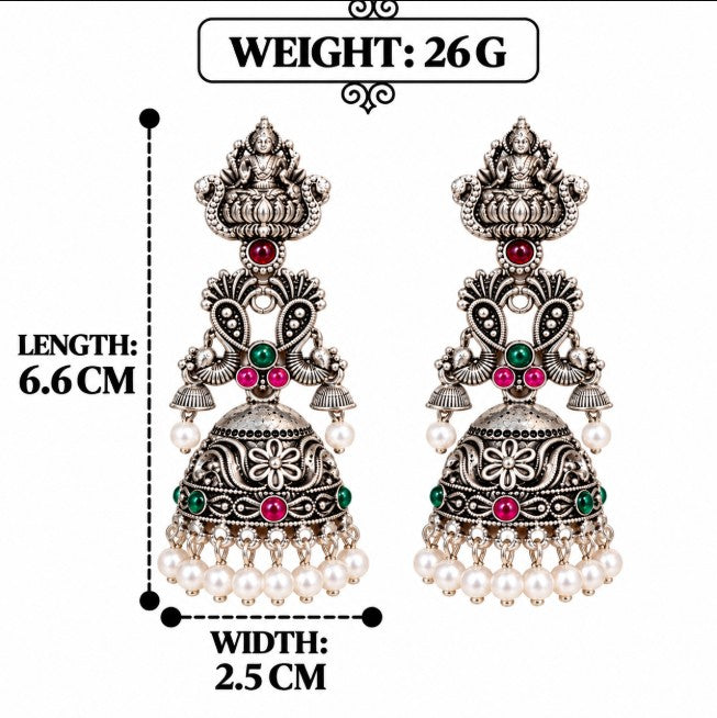 OXIDISED SILVER LAKSHMI DEVI TEMPLE JHUMKA EARRINGS