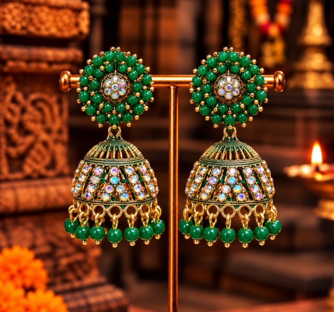 TRADITIONAL STONE & BEADED JHUMKA EARRINGS