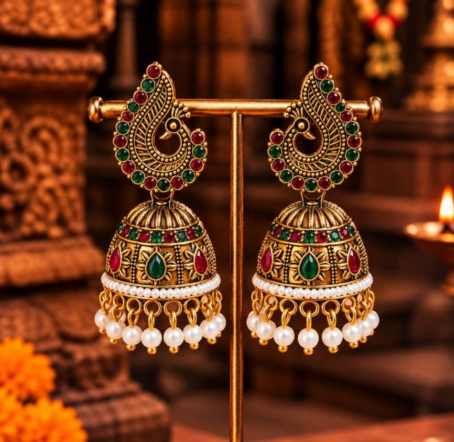 GOLD PLATED PEACOCK PAISLEY STONE PEARL JHUMKA EARRINGS