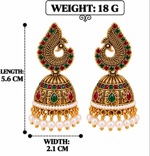GOLD PLATED PEACOCK PAISLEY STONE PEARL JHUMKA EARRINGS