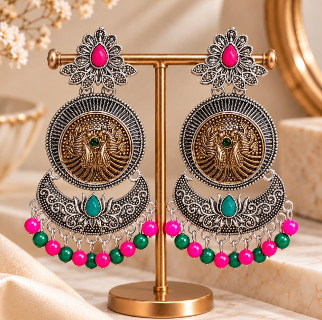 OXIDISED SILVER EARRINGS FLORAL PEACOCK CHANDBALI EARRINGS