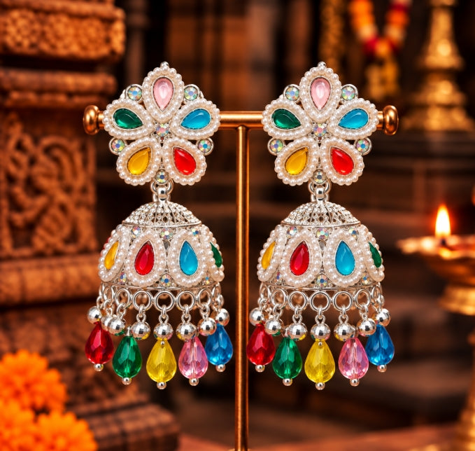 MULTICOLOR TEARDROP STONE BEADED JHUMKA EARRINGS