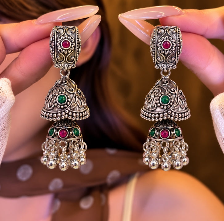 OXIDISED PINK & GREEN STONES JHUMKA EARRING