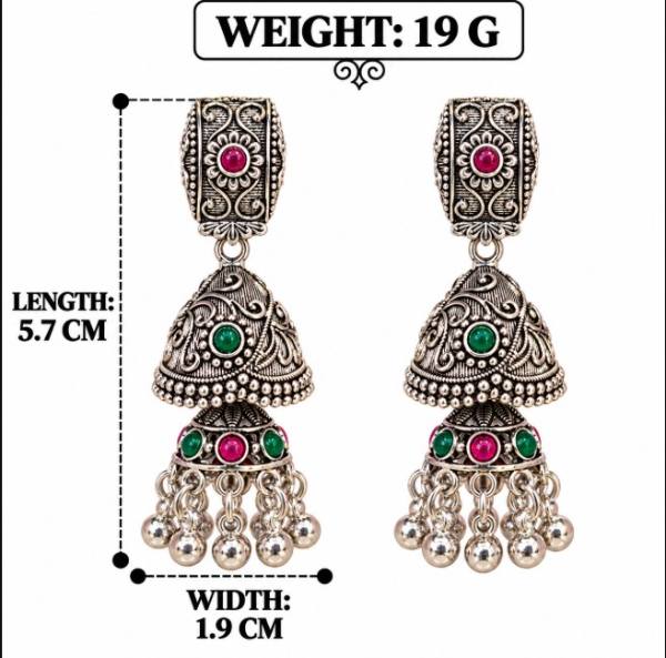 OXIDISED PINK & GREEN STONES JHUMKA EARRING