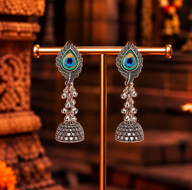 OXIDISED SILVER PEACOCK GHUNGROO BEADS JHUMKI DROP EARRINGS