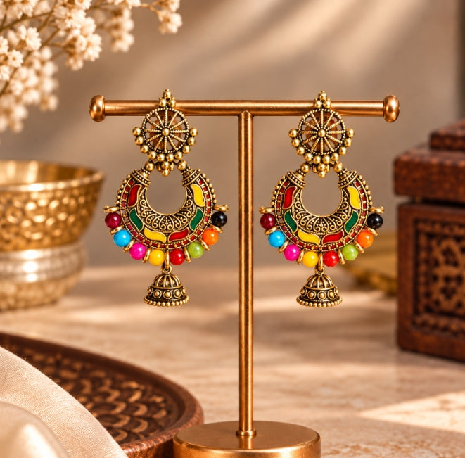 ANTIQUE GOLD TONE MULTICOLOR BEADS CRESCENT JHUMKA EARRINGS
