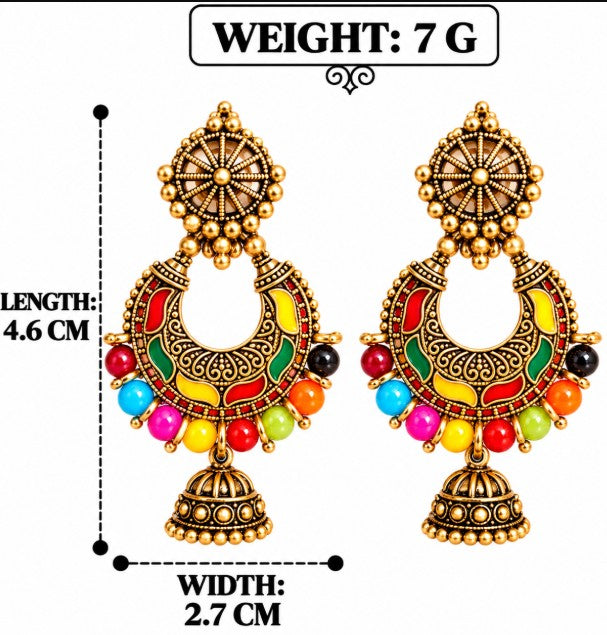 ANTIQUE GOLD TONE MULTICOLOR BEADS CRESCENT JHUMKA EARRINGS