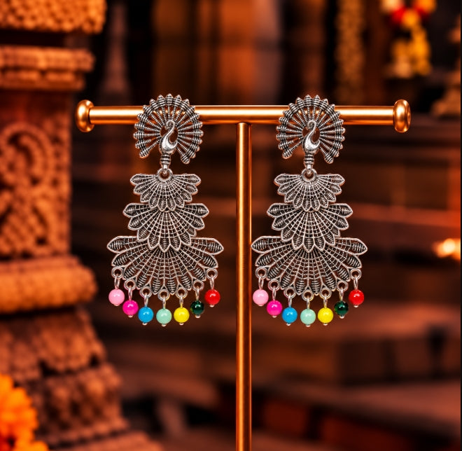 OXIDISED SILVER EARRINGS PEACOCK MOTIF BEADED DROP EARRINGS