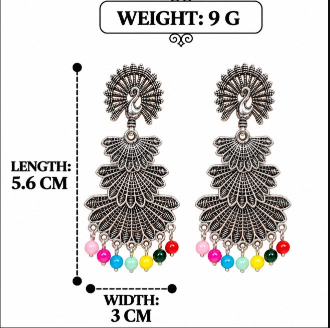 OXIDISED SILVER EARRINGS PEACOCK MOTIF BEADED DROP EARRINGS