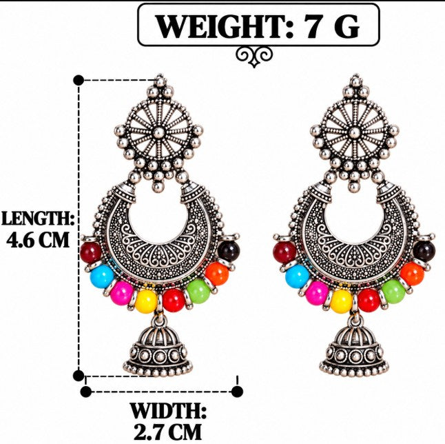 OXIDISED SILVER MULTICOLOR BEADS CRESCENT JHUMKA EARRINGS