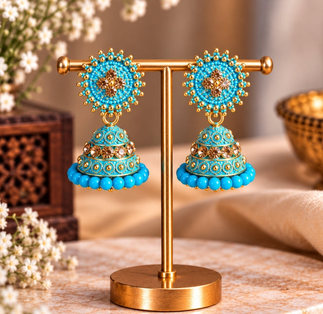 TRADITIONAL STONE & BEADED SMALL JHUMKI EARRINGS