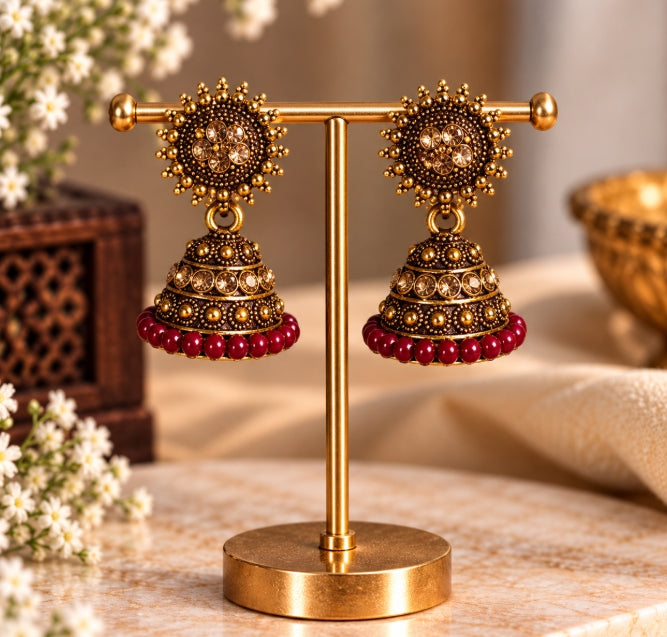 TRADITIONAL STONE & BEADED SMALL JHUMKI EARRINGS